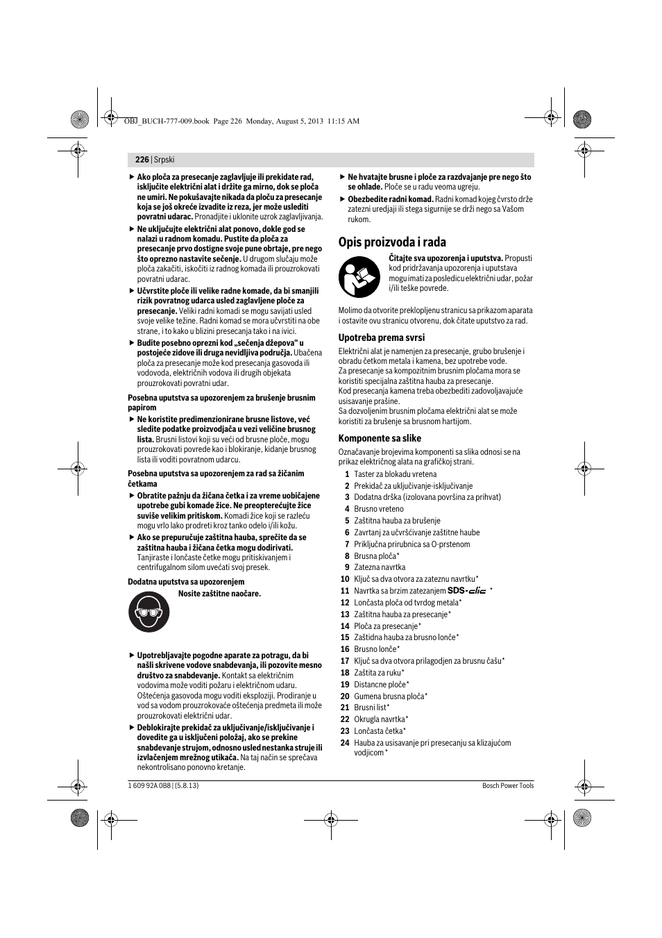 Opis proizvoda i rada | Bosch GWS 24-180 H Professional User Manual | Page 225 / 296