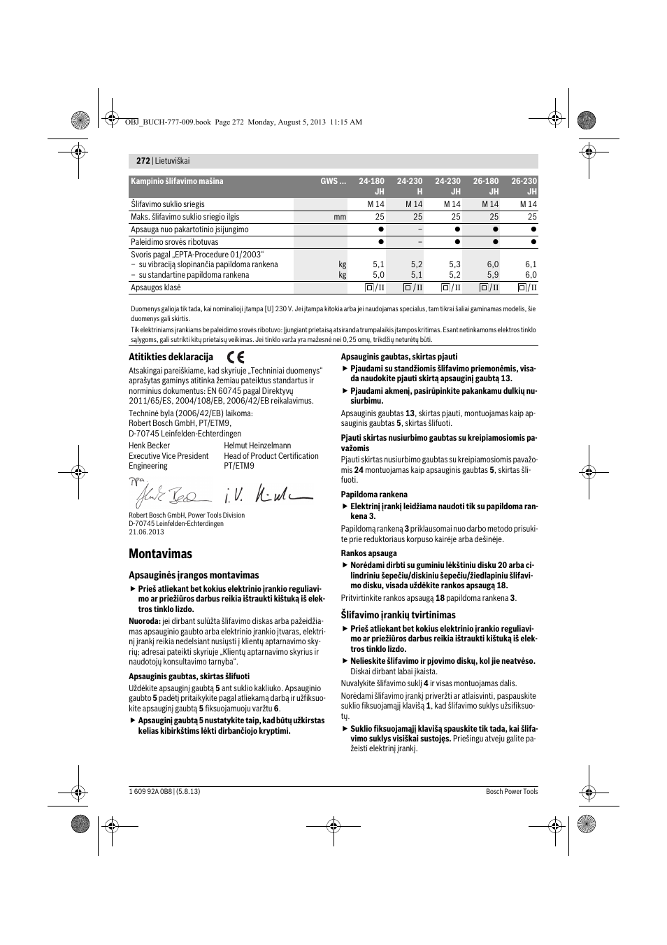 Montavimas | Bosch GWS 24-180 H Professional User Manual | Page 271 / 296