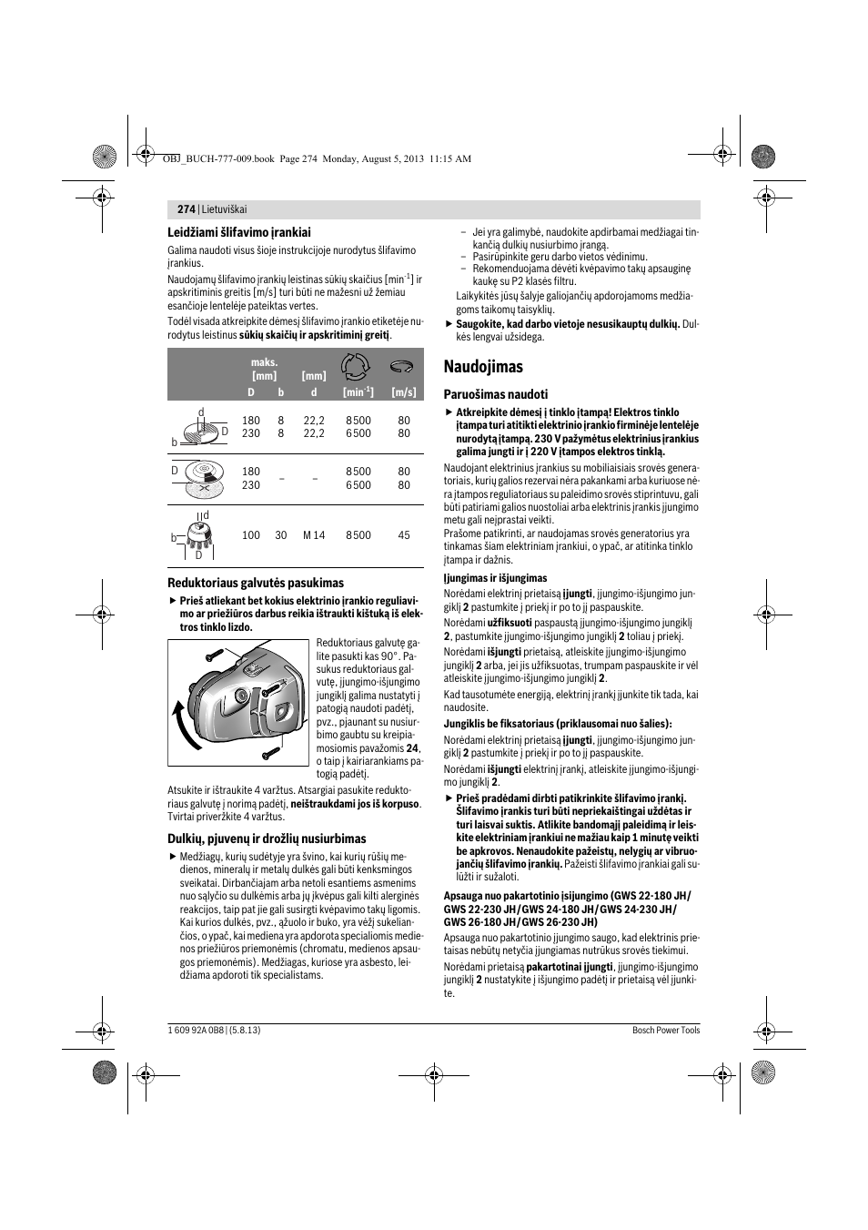 Naudojimas | Bosch GWS 24-180 H Professional User Manual | Page 273 / 296