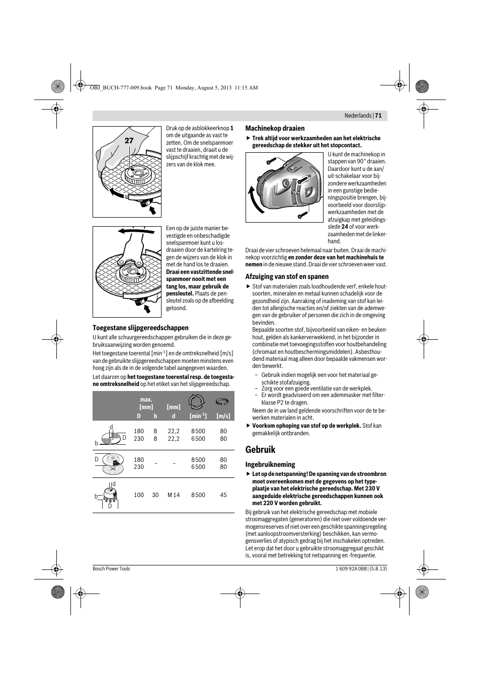 Gebruik | Bosch GWS 24-180 H Professional User Manual | Page 70 / 296