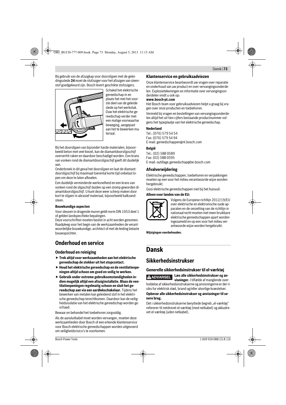 Dansk, Onderhoud en service, Sikkerhedsinstrukser | Bosch GWS 24-180 H Professional User Manual | Page 72 / 296