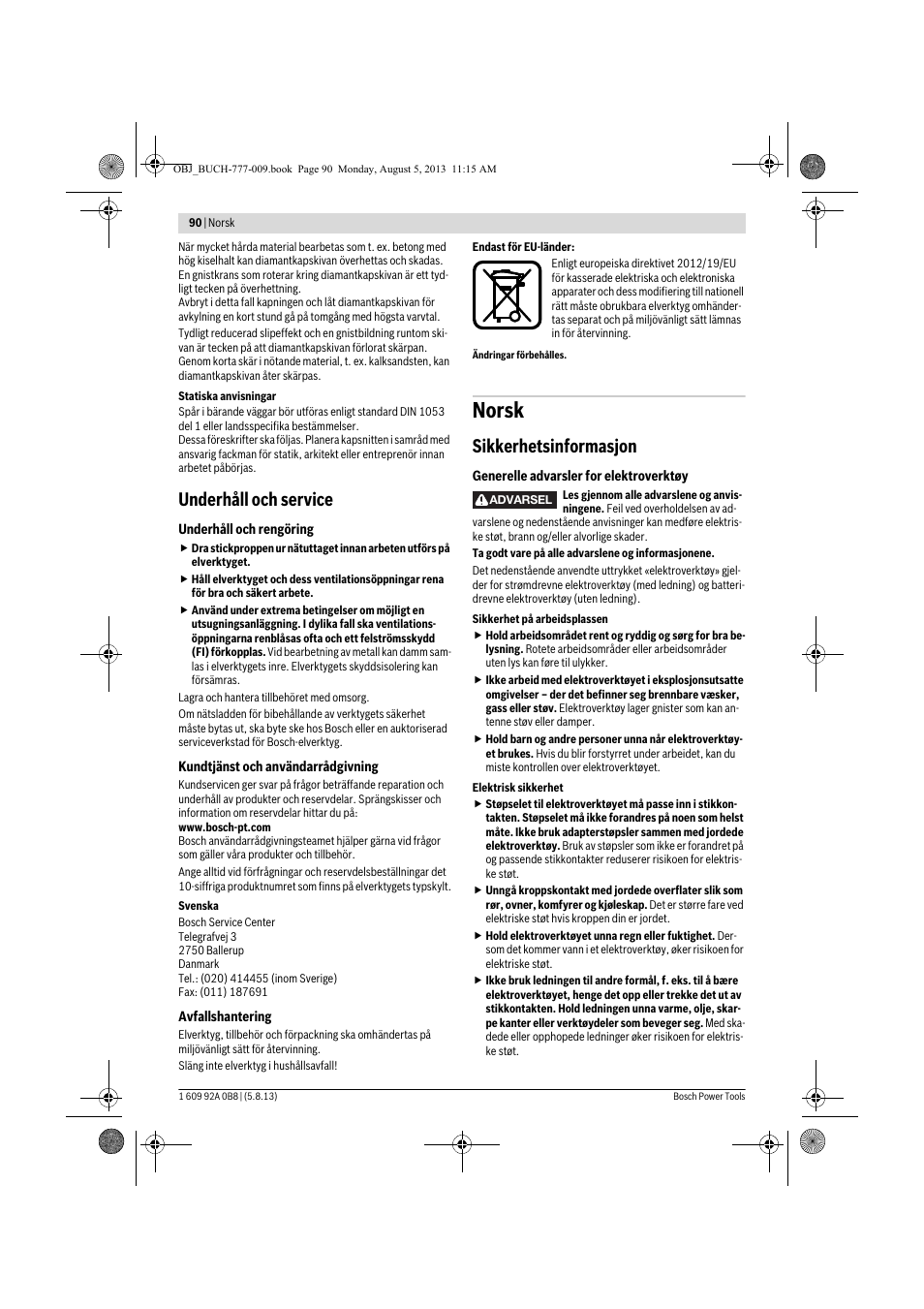 Norsk, Underhåll och service, Sikkerhetsinformasjon | Bosch GWS 24-180 H Professional User Manual | Page 89 / 296