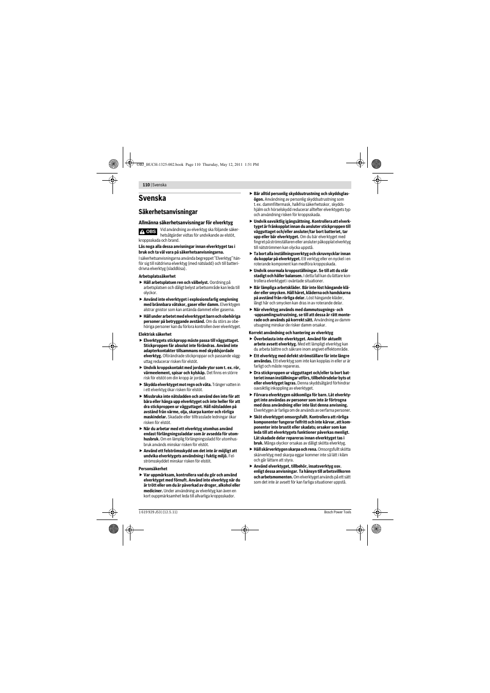 Svenska, Säkerhetsanvisningar | Bosch GTS 10 J Professional User Manual | Page 110 / 355