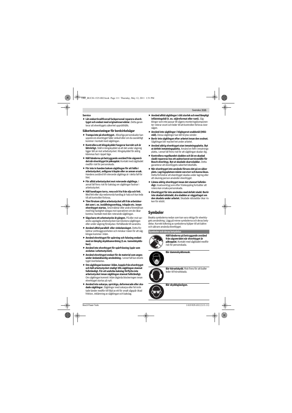 Symboler | Bosch GTS 10 J Professional User Manual | Page 111 / 355