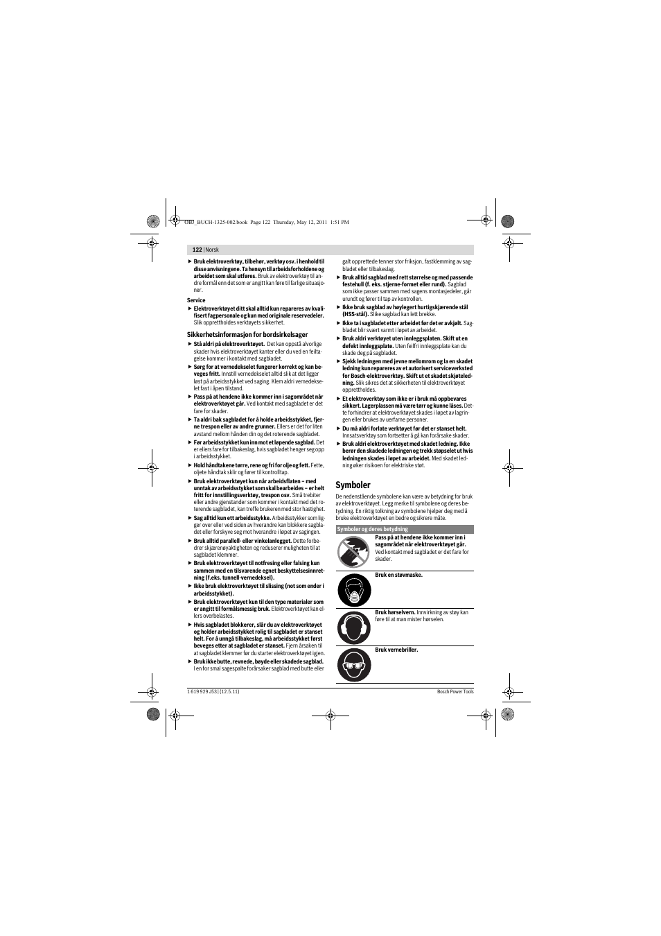 Symboler | Bosch GTS 10 J Professional User Manual | Page 122 / 355