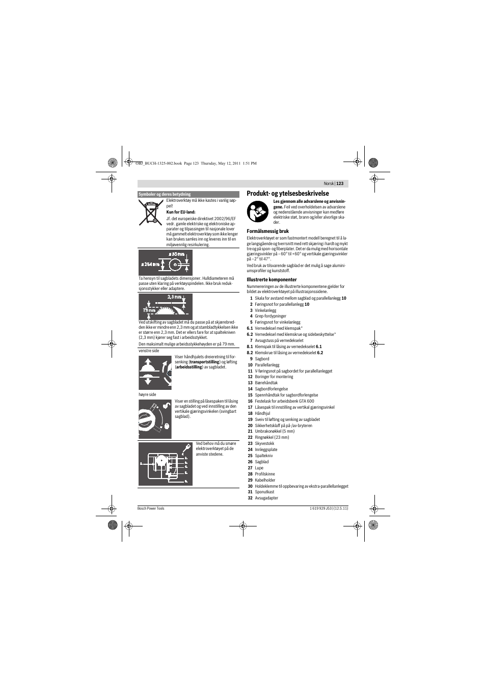 Produkt- og ytelsesbeskrivelse | Bosch GTS 10 J Professional User Manual | Page 123 / 355