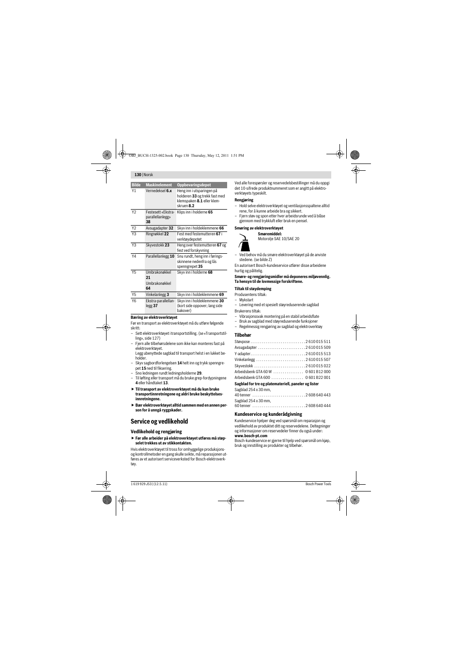 Service og vedlikehold | Bosch GTS 10 J Professional User Manual | Page 130 / 355