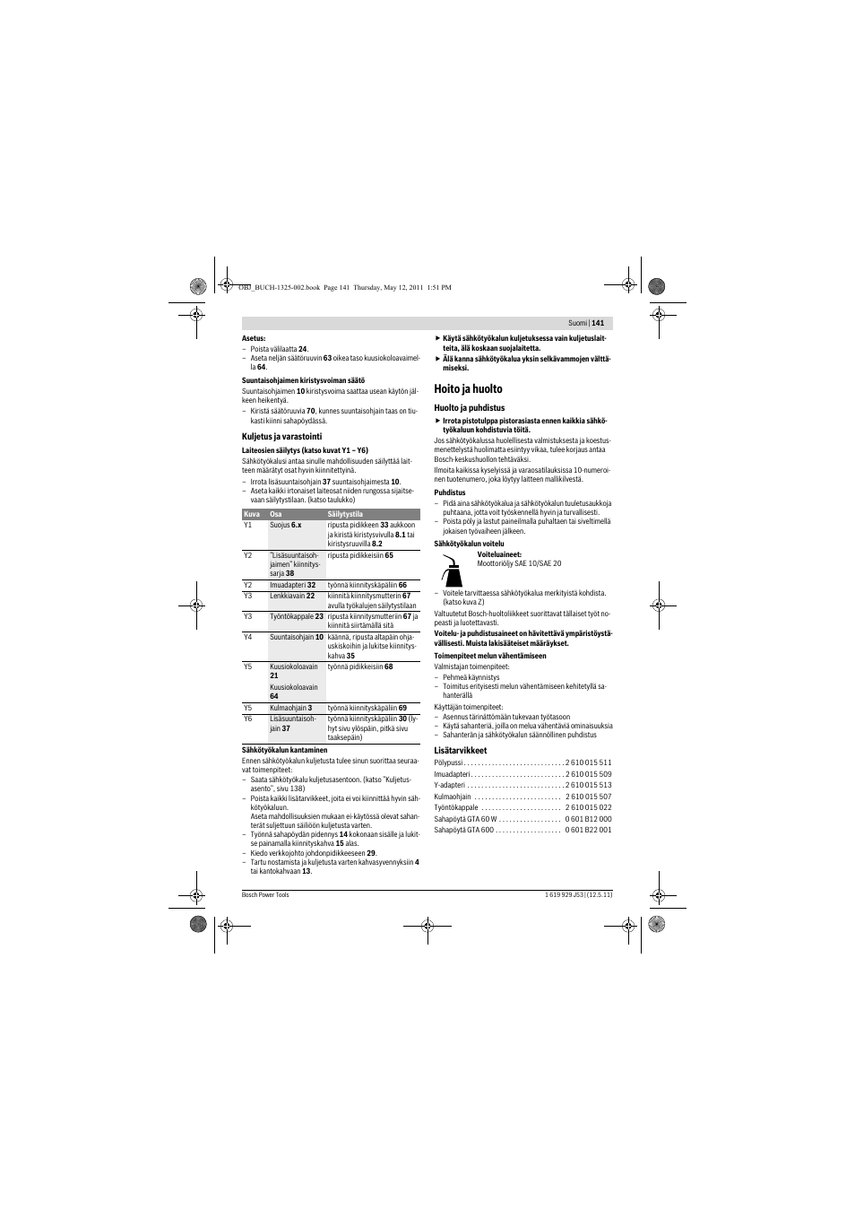 Hoito ja huolto | Bosch GTS 10 J Professional User Manual | Page 141 / 355