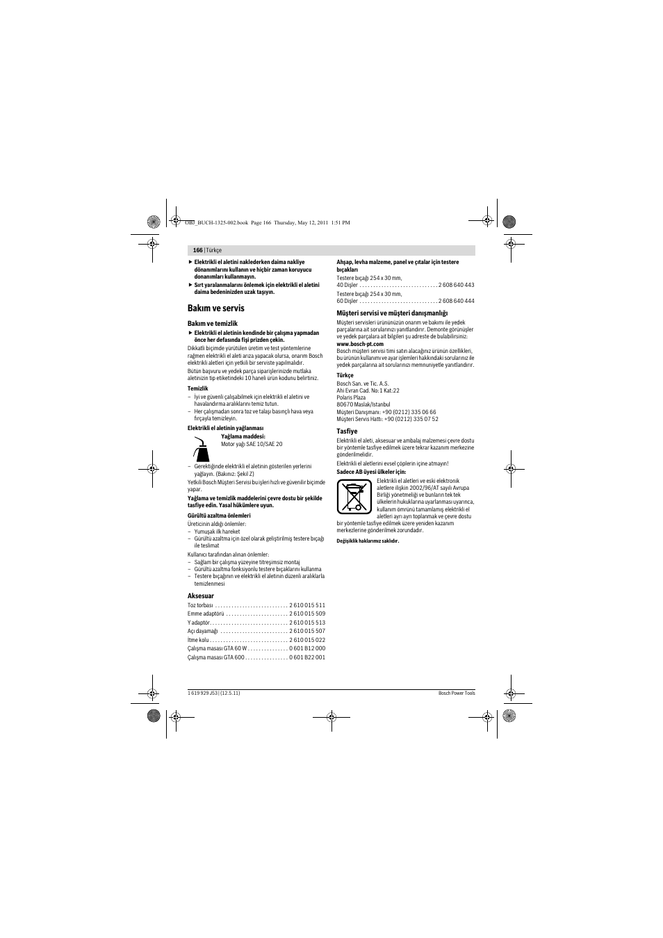 Bak m ve servis | Bosch GTS 10 J Professional User Manual | Page 166 / 355
