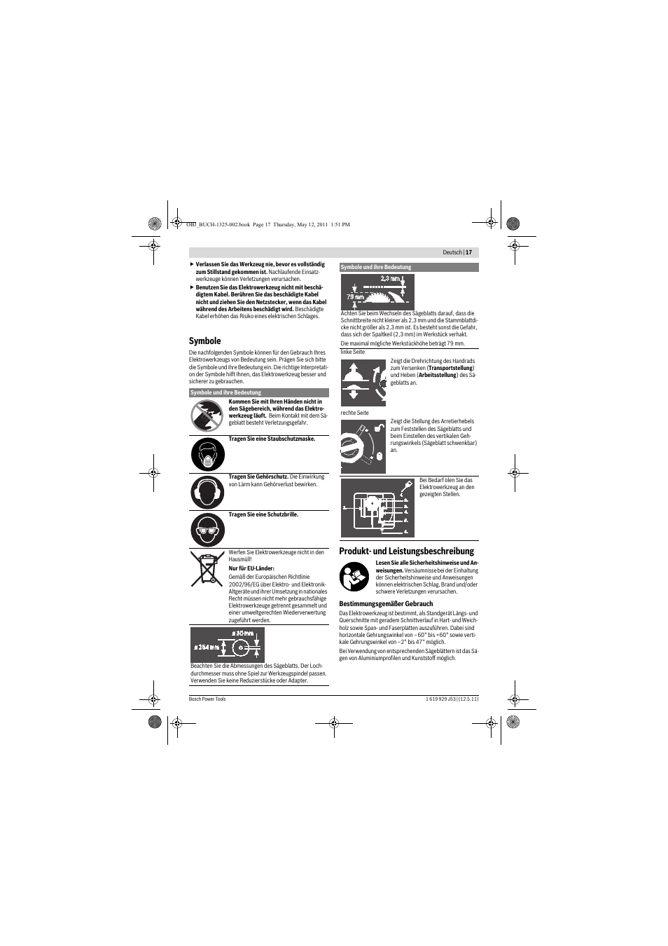 Symbole, Produkt- und leistungsbeschreibung | Bosch GTS 10 J Professional User Manual | Page 17 / 355