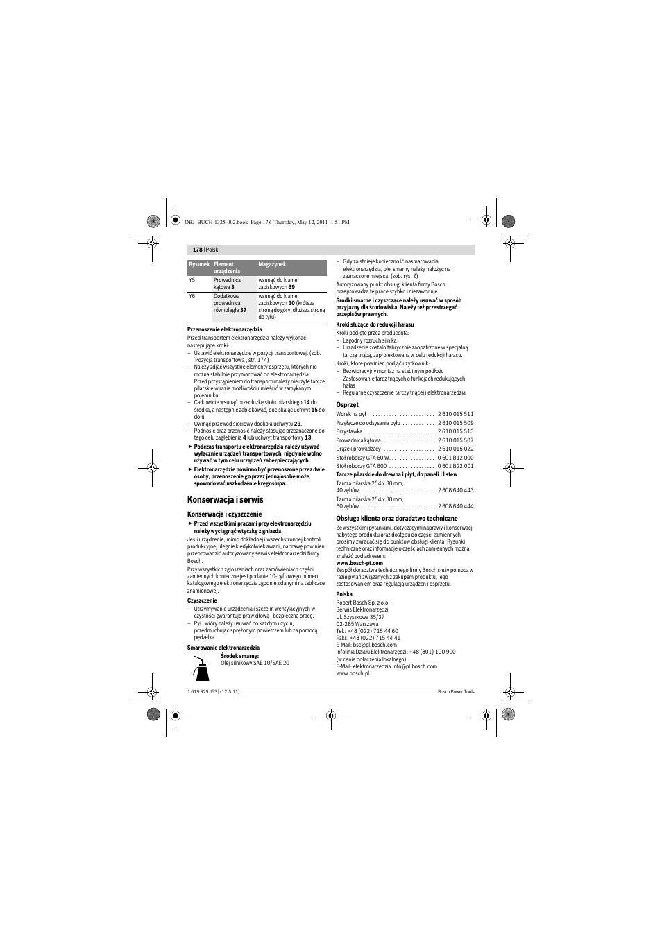Konserwacja i serwis | Bosch GTS 10 J Professional User Manual | Page 178 / 355