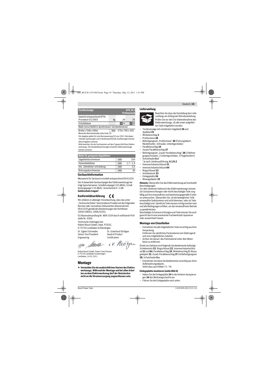 Montage | Bosch GTS 10 J Professional User Manual | Page 19 / 355