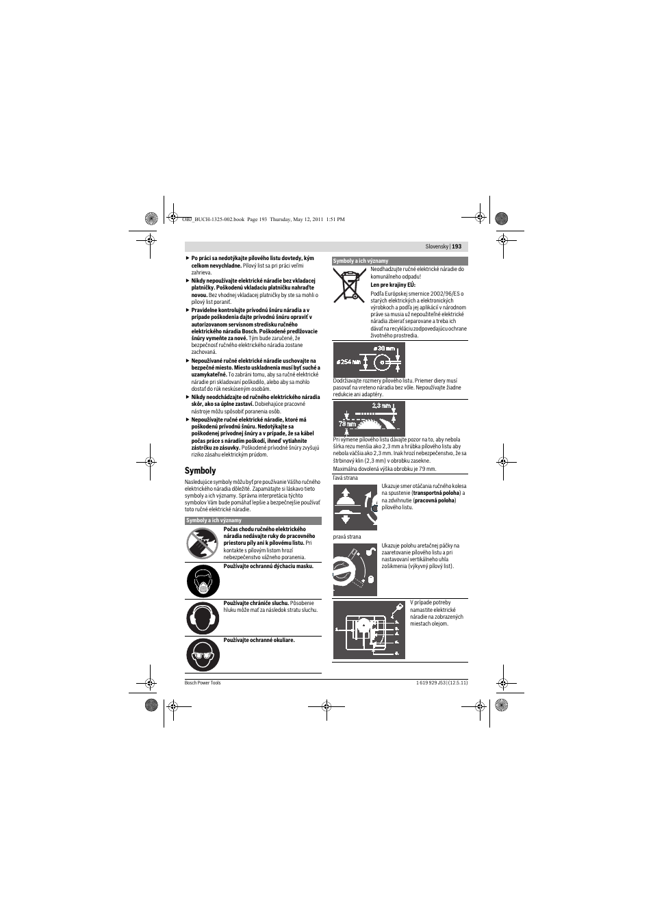 Symboly | Bosch GTS 10 J Professional User Manual | Page 193 / 355