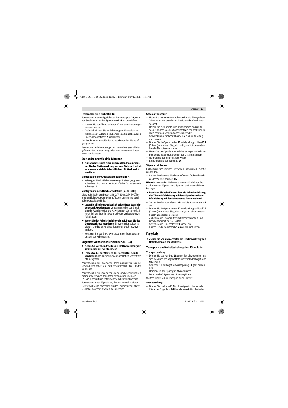 Betrieb | Bosch GTS 10 J Professional User Manual | Page 21 / 355