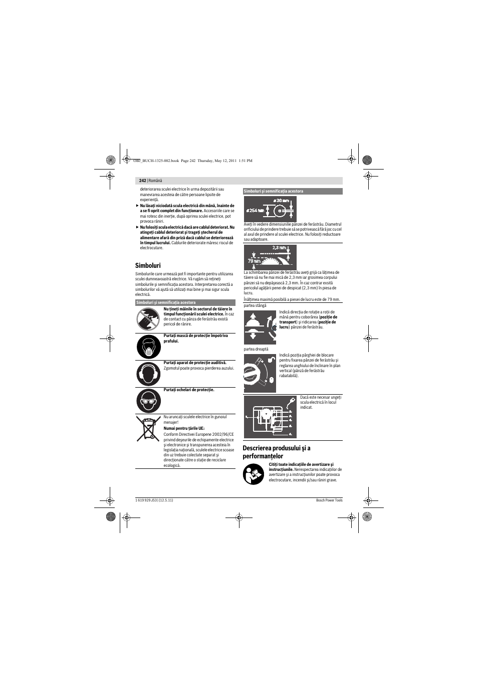 Simboluri, Descrierea produsului şi a performanţelor | Bosch GTS 10 J Professional User Manual | Page 242 / 355