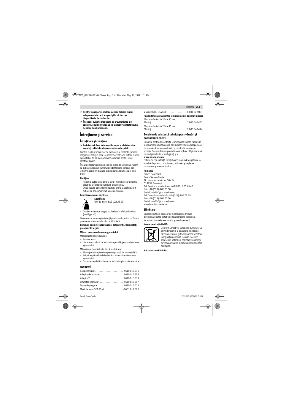 Întreţinere şi service | Bosch GTS 10 J Professional User Manual | Page 251 / 355