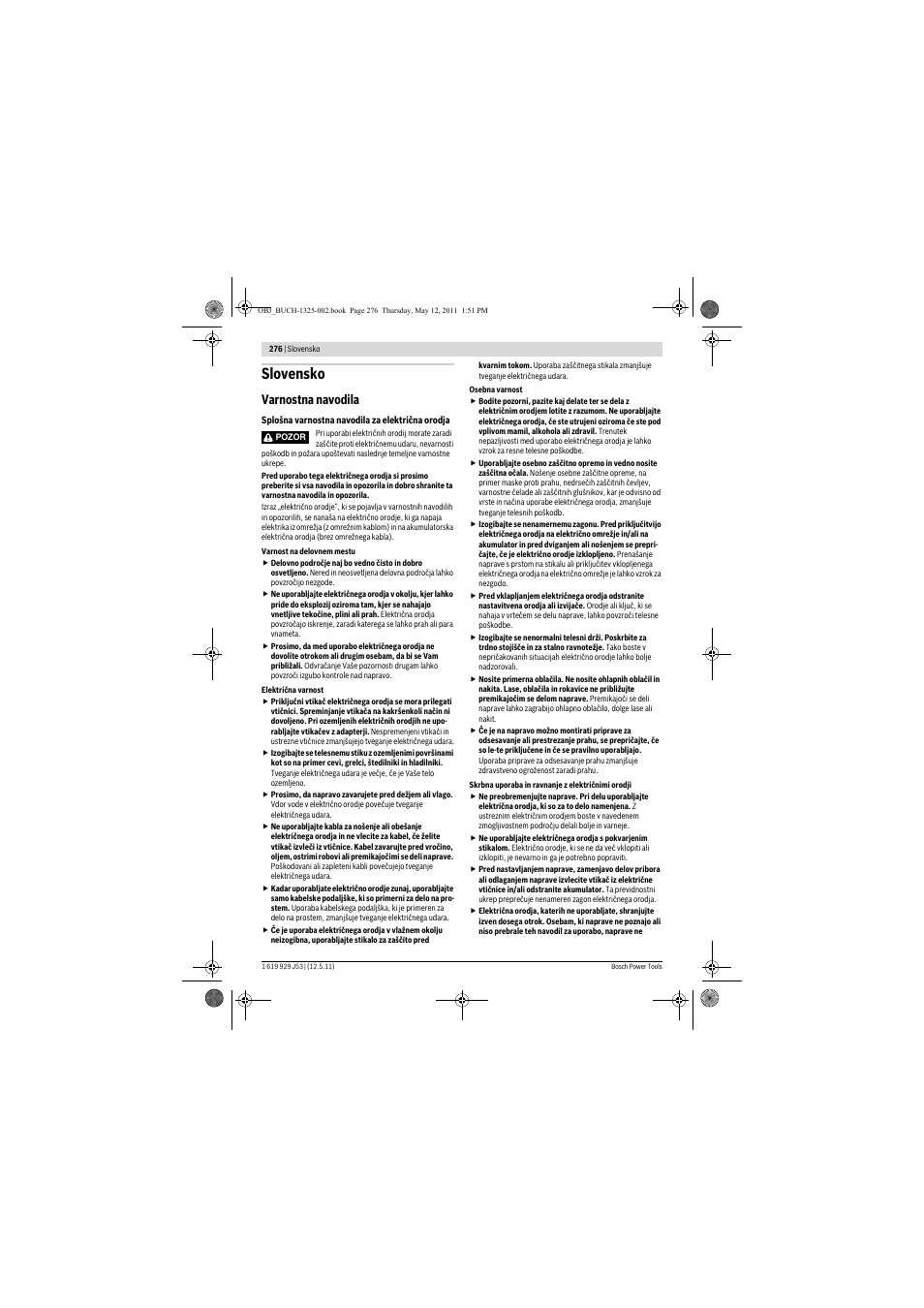 Slovensko, Varnostna navodila | Bosch GTS 10 J Professional User Manual | Page 276 / 355
