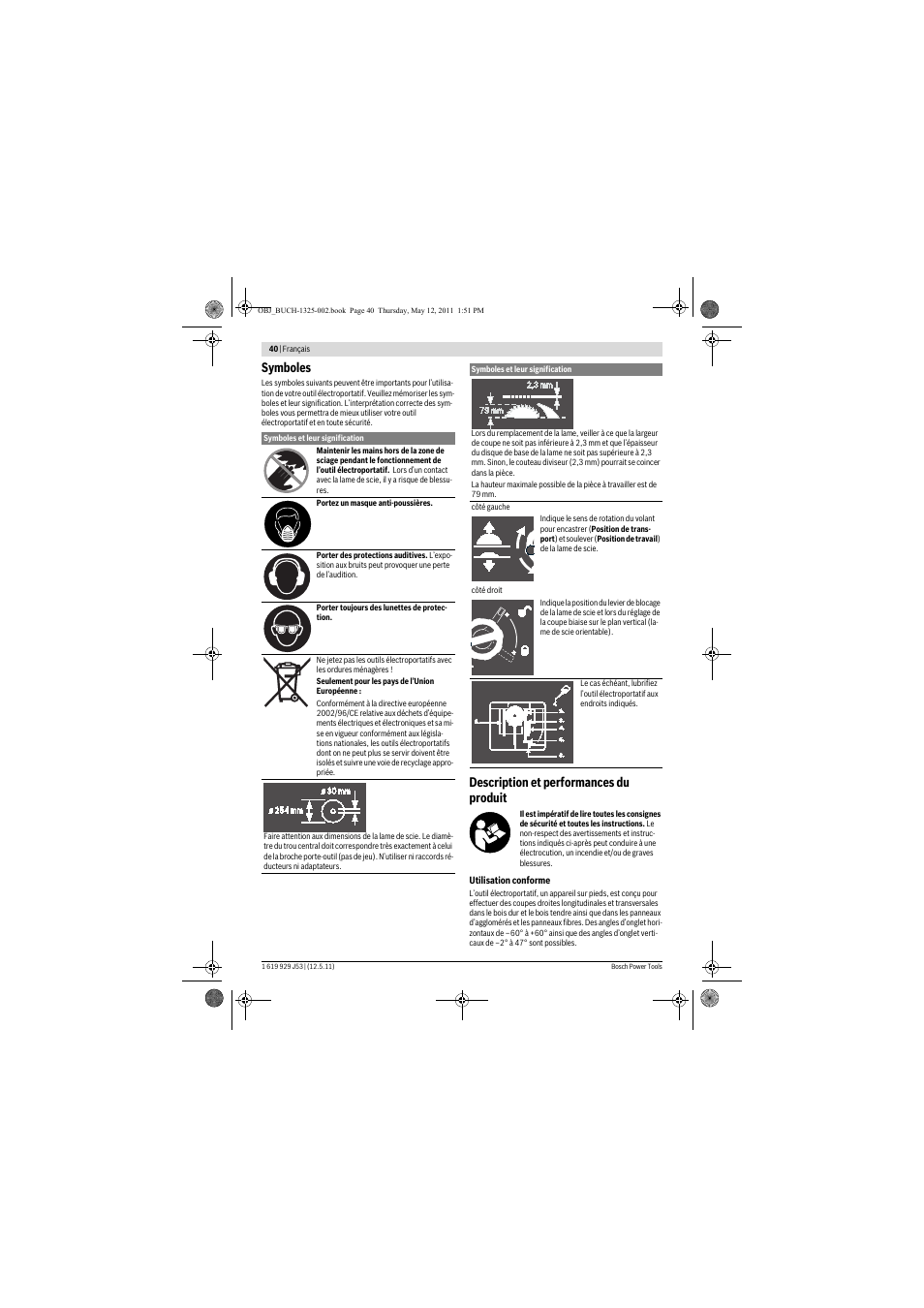 Symboles, Description et performances du produit | Bosch GTS 10 J Professional User Manual | Page 40 / 355