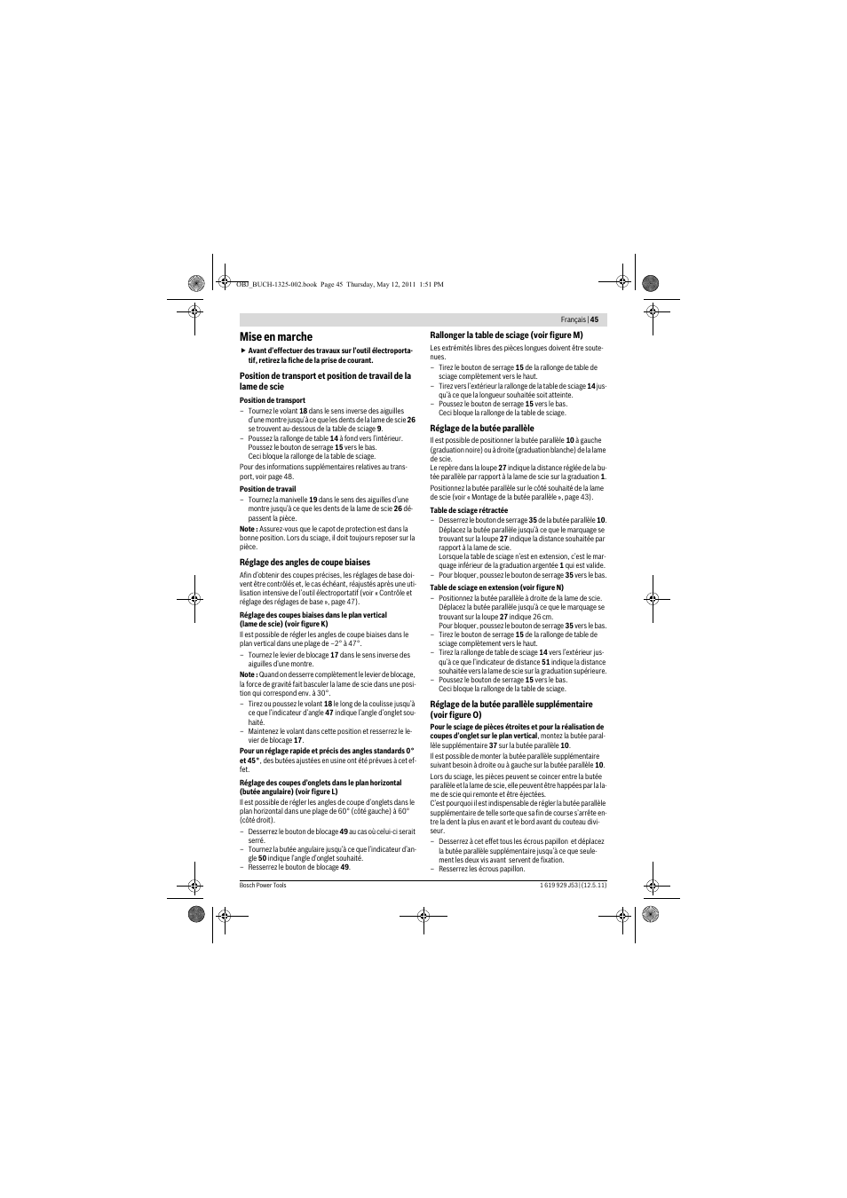 Mise en marche | Bosch GTS 10 J Professional User Manual | Page 45 / 355