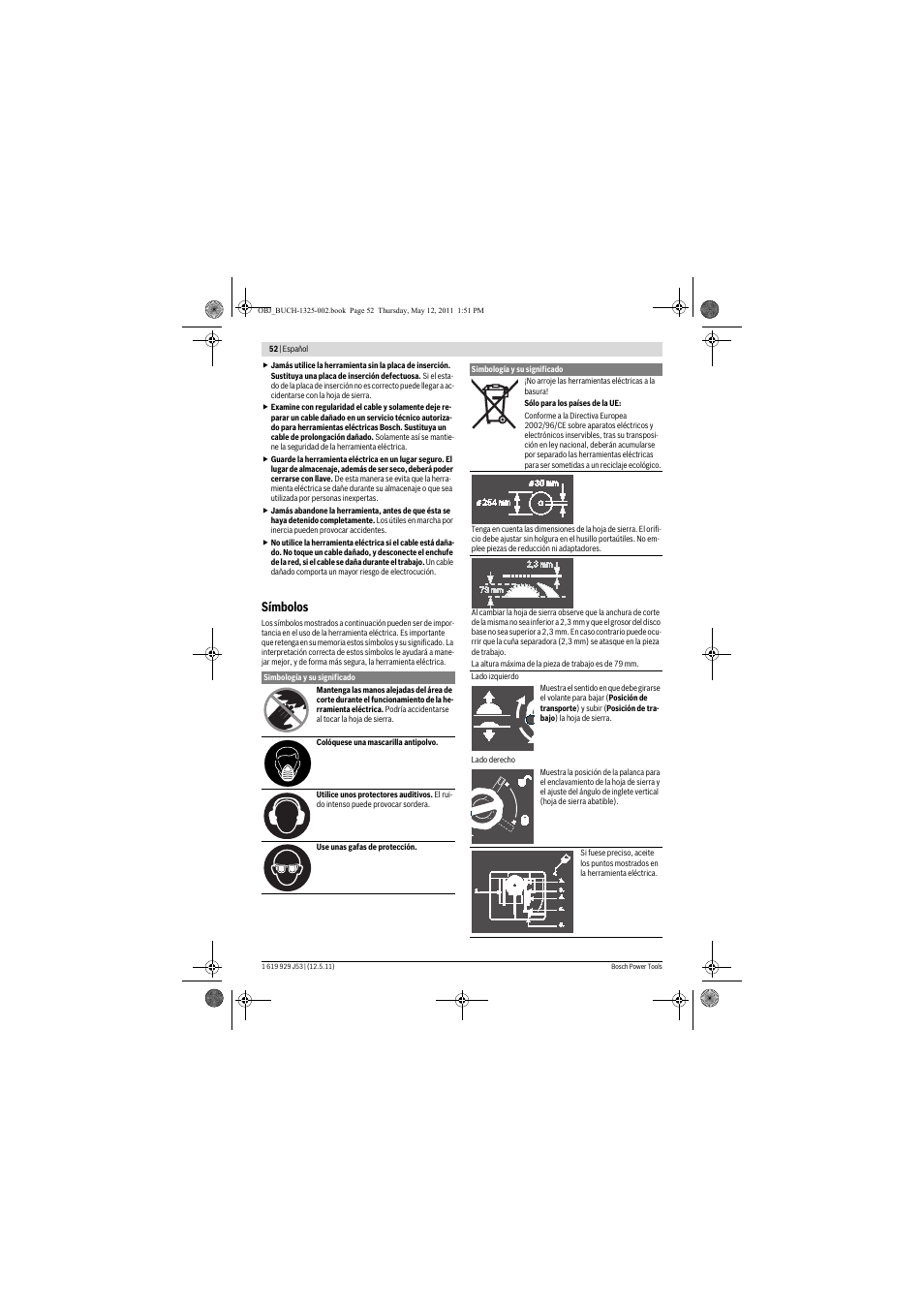 Símbolos | Bosch GTS 10 J Professional User Manual | Page 52 / 355