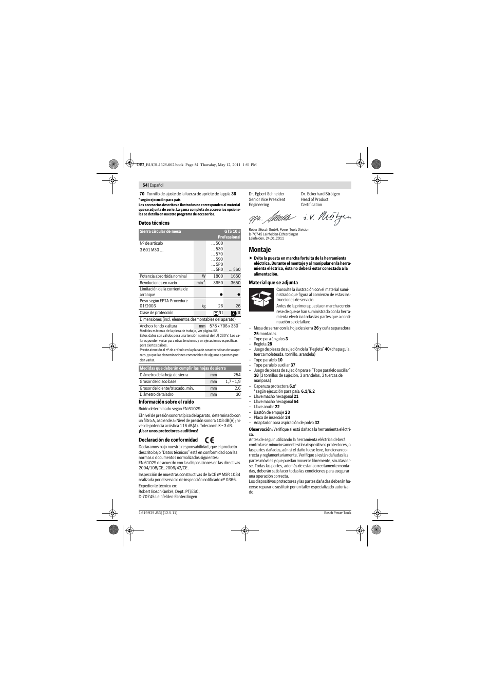 Montaje | Bosch GTS 10 J Professional User Manual | Page 54 / 355