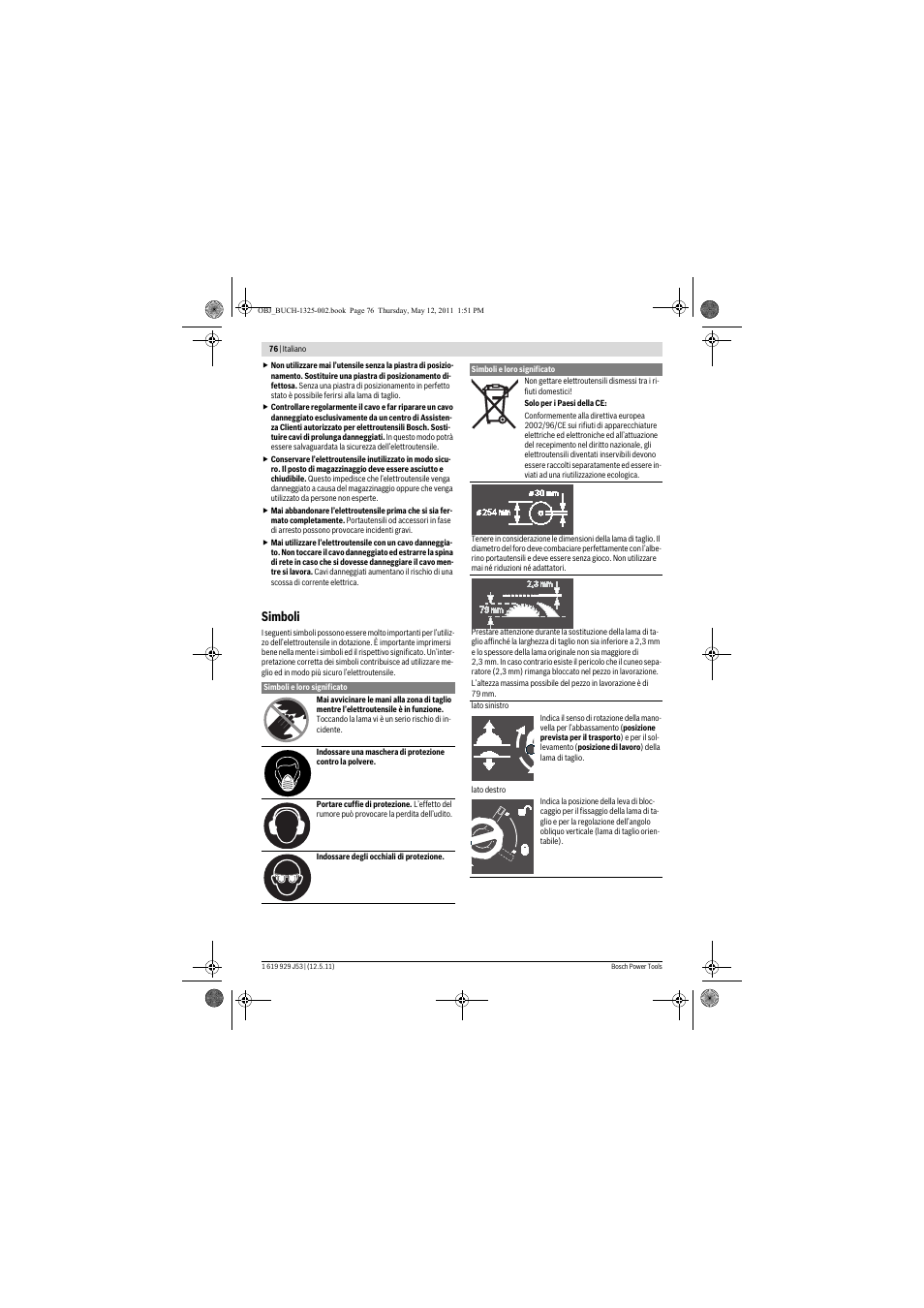 Simboli | Bosch GTS 10 J Professional User Manual | Page 76 / 355