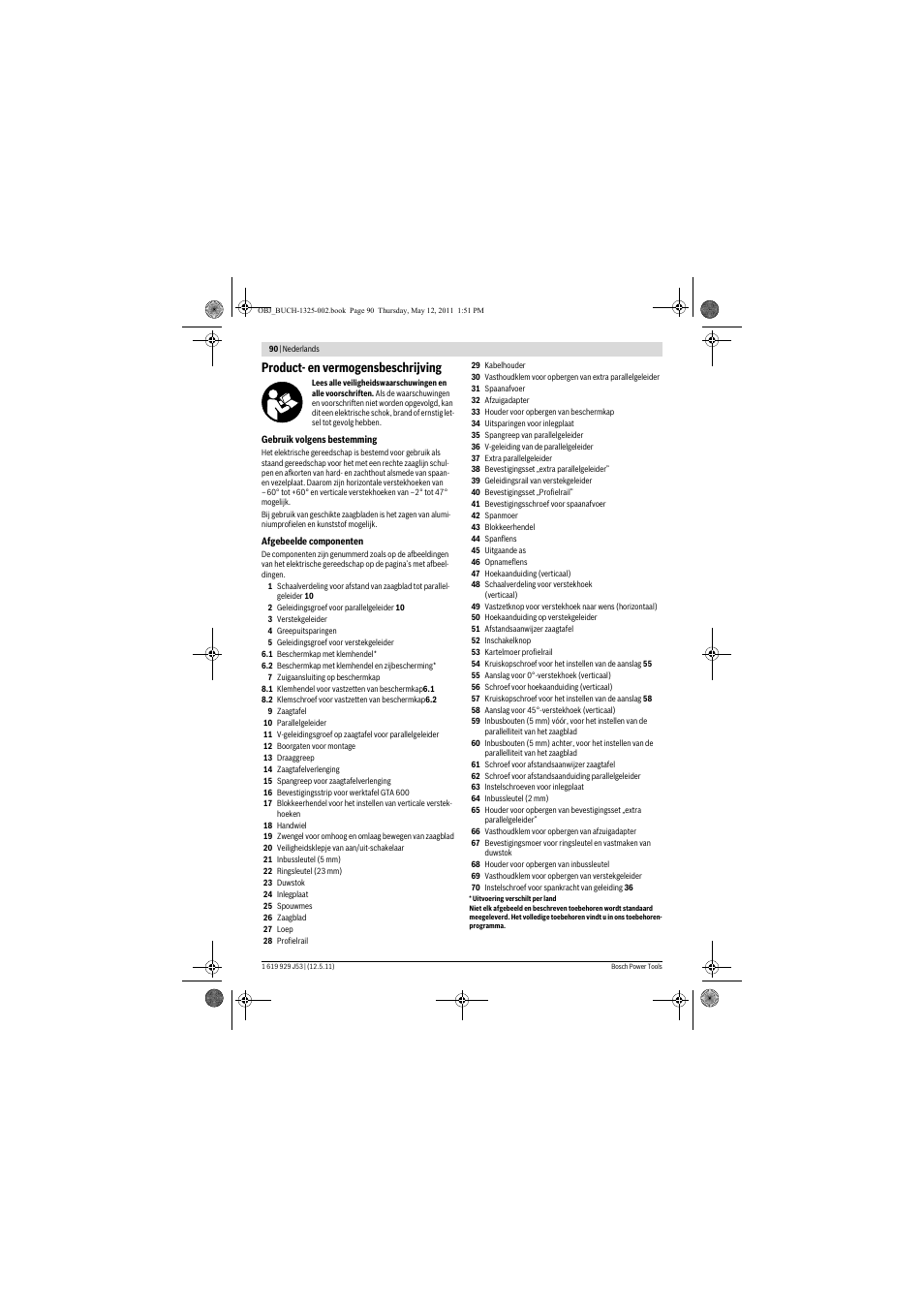 Product- en vermogensbeschrijving | Bosch GTS 10 J Professional User Manual | Page 90 / 355