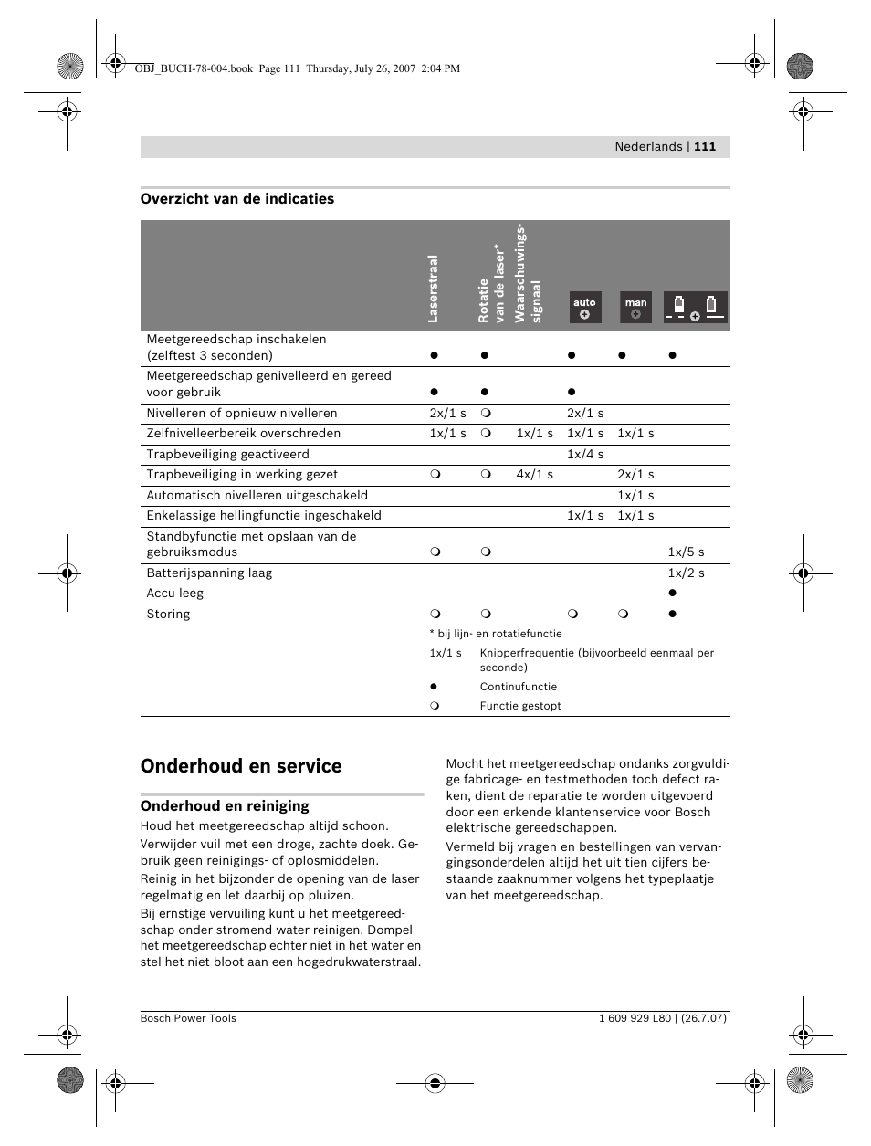 Onderhoud en service | Bosch BL 200 GC Professional User Manual | Page 111 / 419