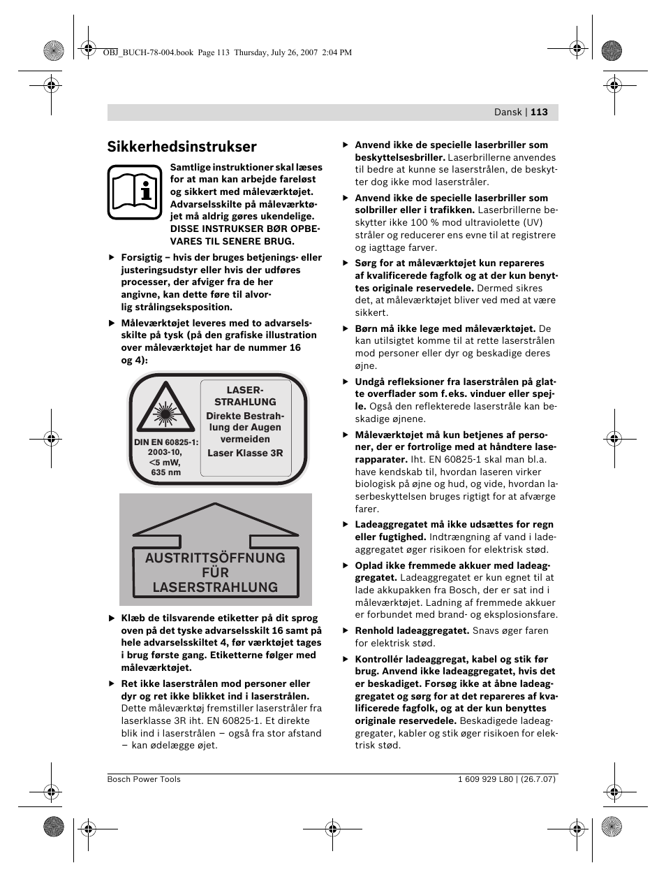 Sikkerhedsinstrukser, Austrittsöffnung für laserstrahlung | Bosch BL 200 GC Professional User Manual | Page 113 / 419