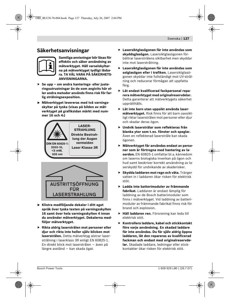 Säkerhetsanvisningar, Austrittsöffnung für laserstrahlung | Bosch BL 200 GC Professional User Manual | Page 127 / 419