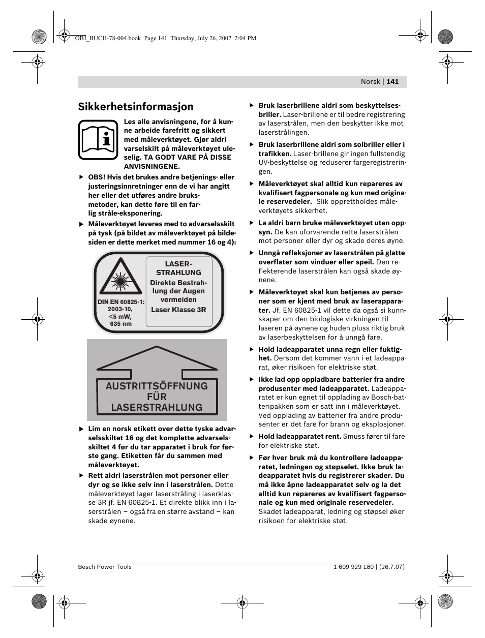 Sikkerhetsinformasjon, Austrittsöffnung für laserstrahlung | Bosch BL 200 GC Professional User Manual | Page 141 / 419