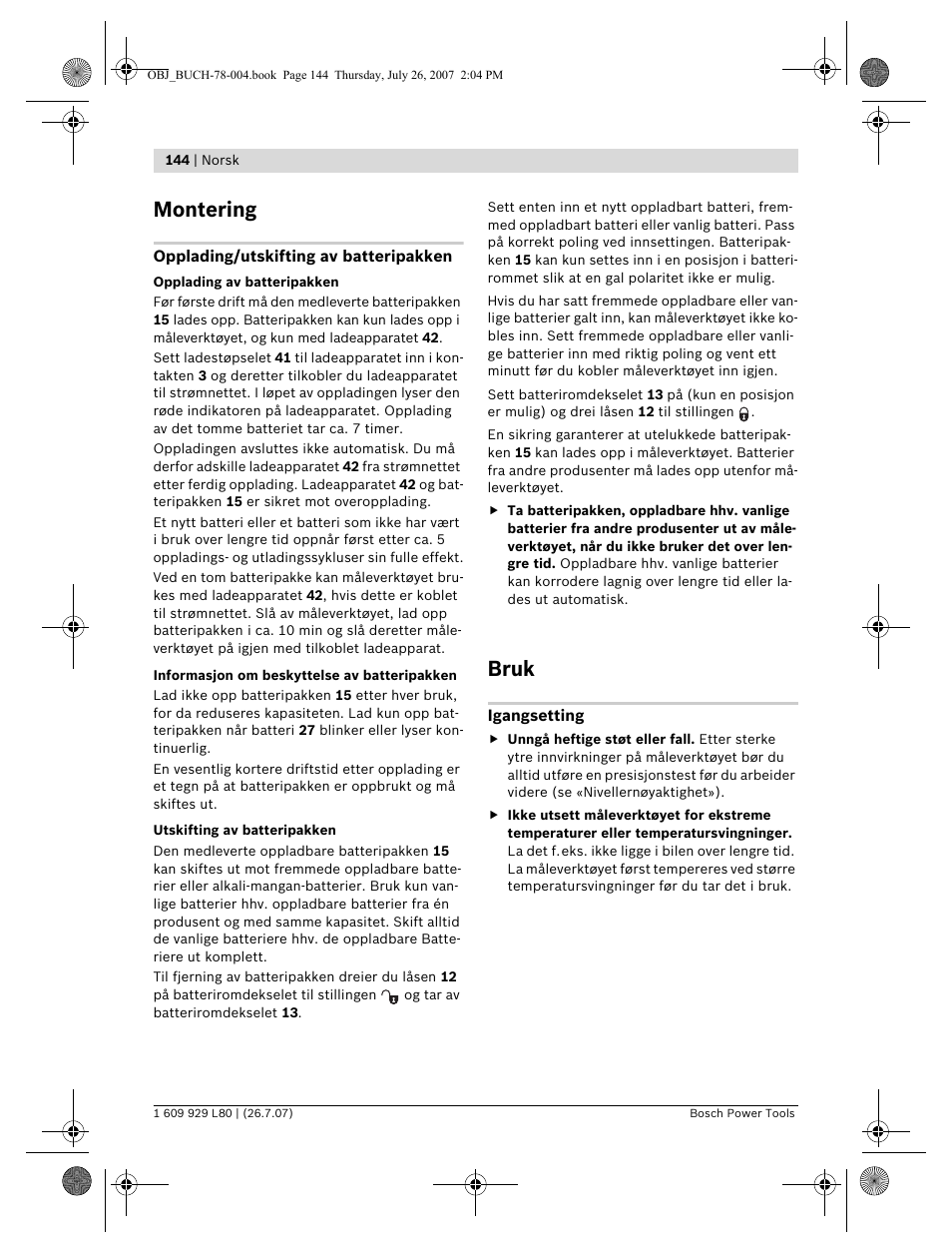 Montering, Bruk | Bosch BL 200 GC Professional User Manual | Page 144 / 419