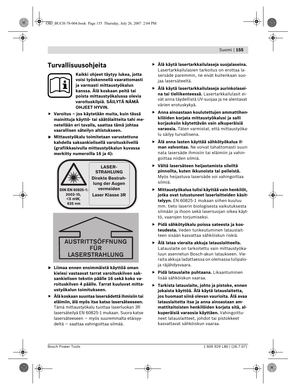 Turvallisuusohjeita, Austrittsöffnung für laserstrahlung | Bosch BL 200 GC Professional User Manual | Page 155 / 419