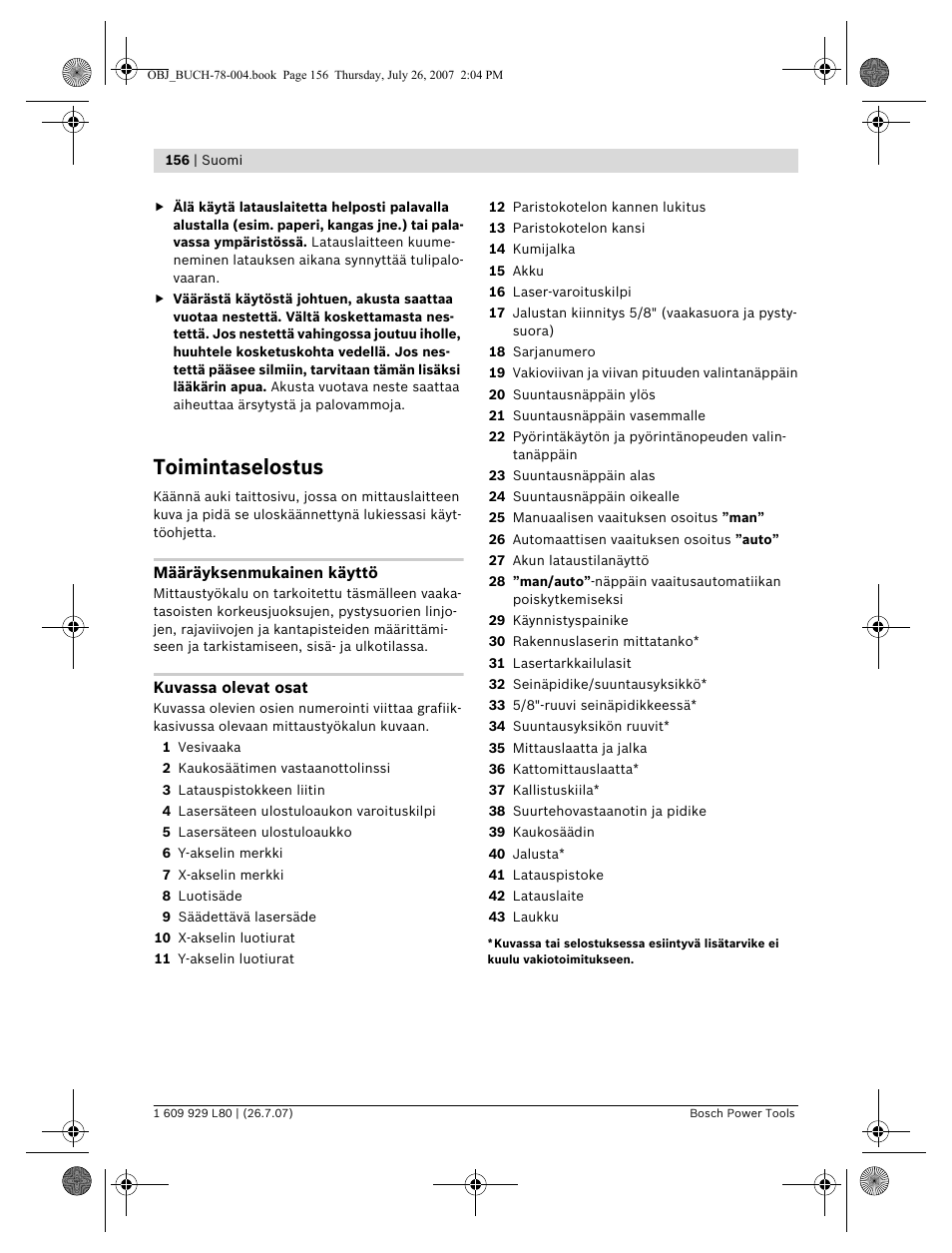 Toimintaselostus | Bosch BL 200 GC Professional User Manual | Page 156 / 419