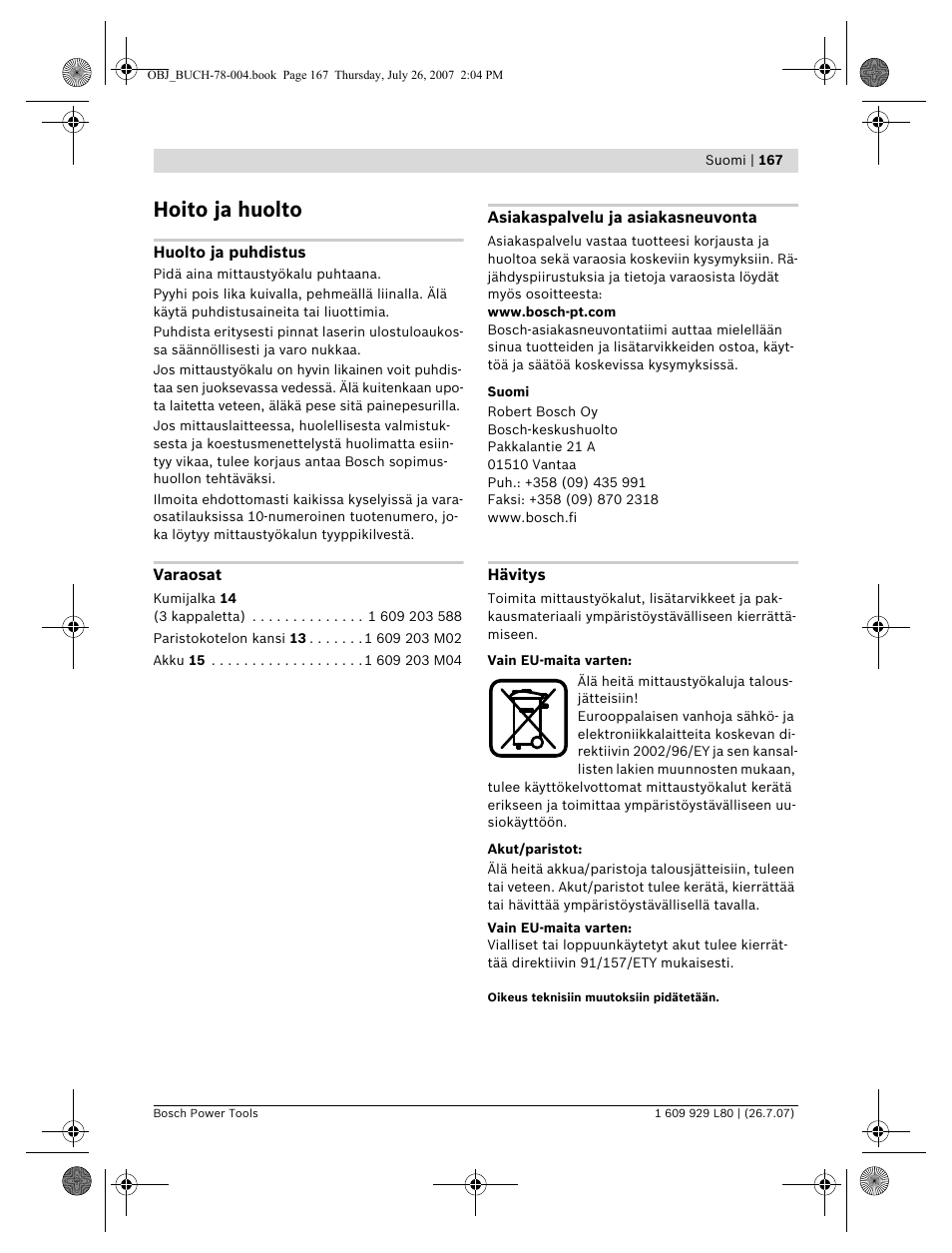 Hoito ja huolto | Bosch BL 200 GC Professional User Manual | Page 167 / 419