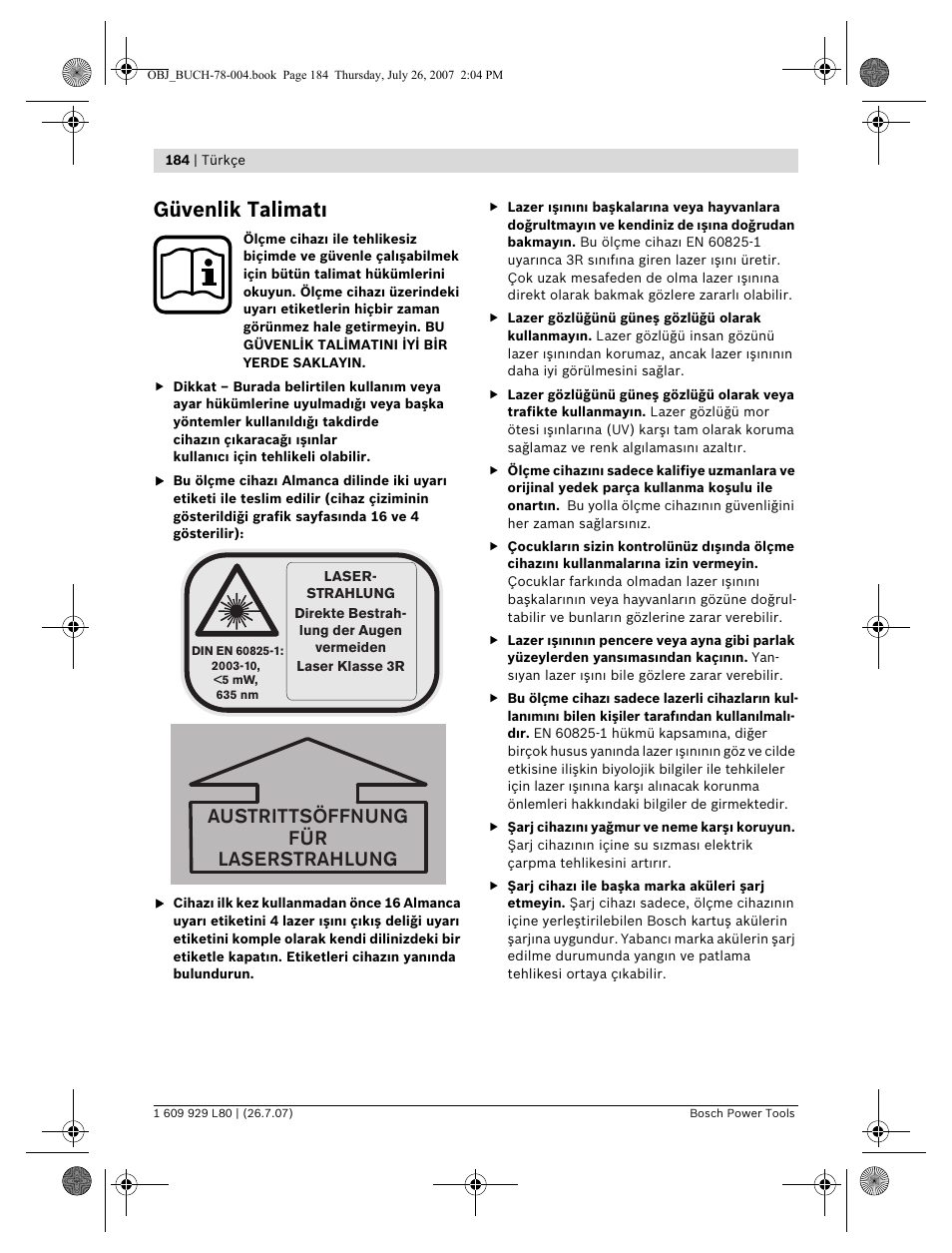 Güvenlik talimat, Austrittsöffnung für laserstrahlung | Bosch BL 200 GC Professional User Manual | Page 184 / 419