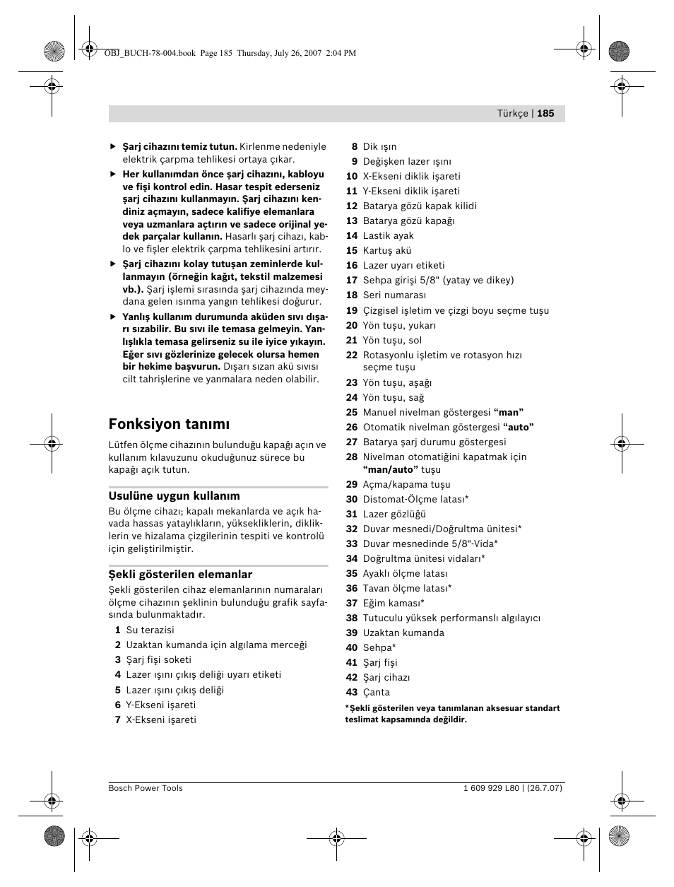 Fonksiyon tan m | Bosch BL 200 GC Professional User Manual | Page 185 / 419