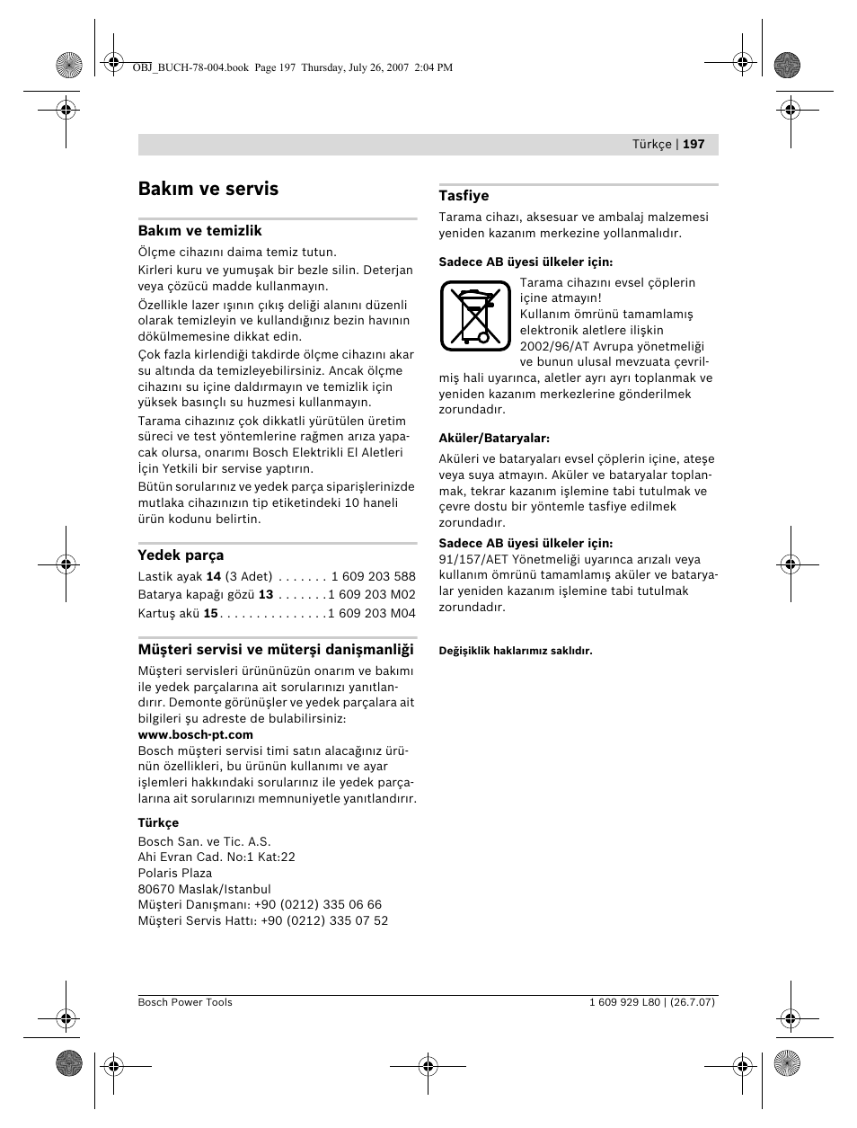 Bak m ve servis | Bosch BL 200 GC Professional User Manual | Page 197 / 419