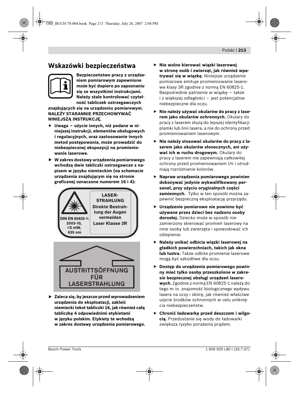 Wskazówki bezpieczeństwa, Austrittsöffnung für laserstrahlung | Bosch BL 200 GC Professional User Manual | Page 213 / 419