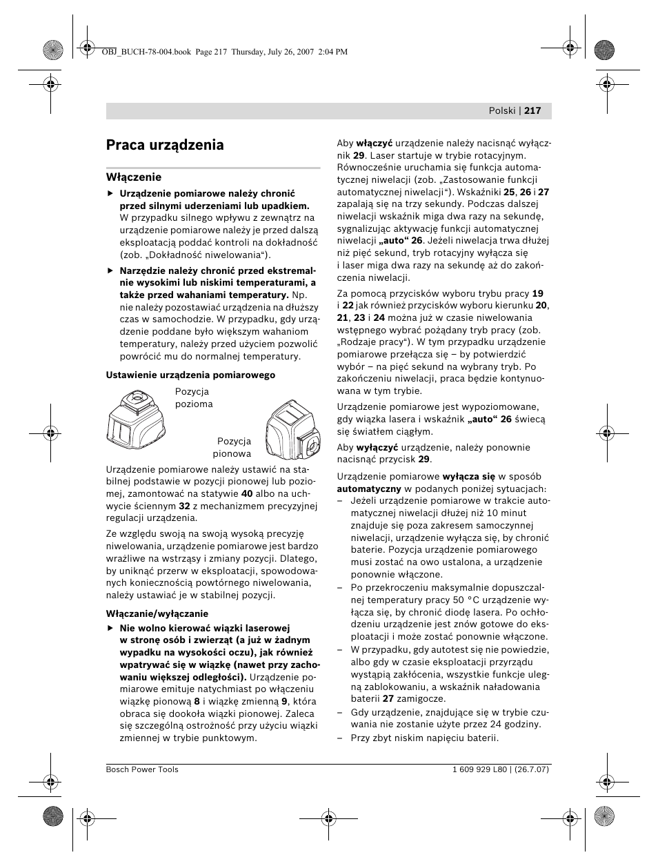 Praca urządzenia | Bosch BL 200 GC Professional User Manual | Page 217 / 419