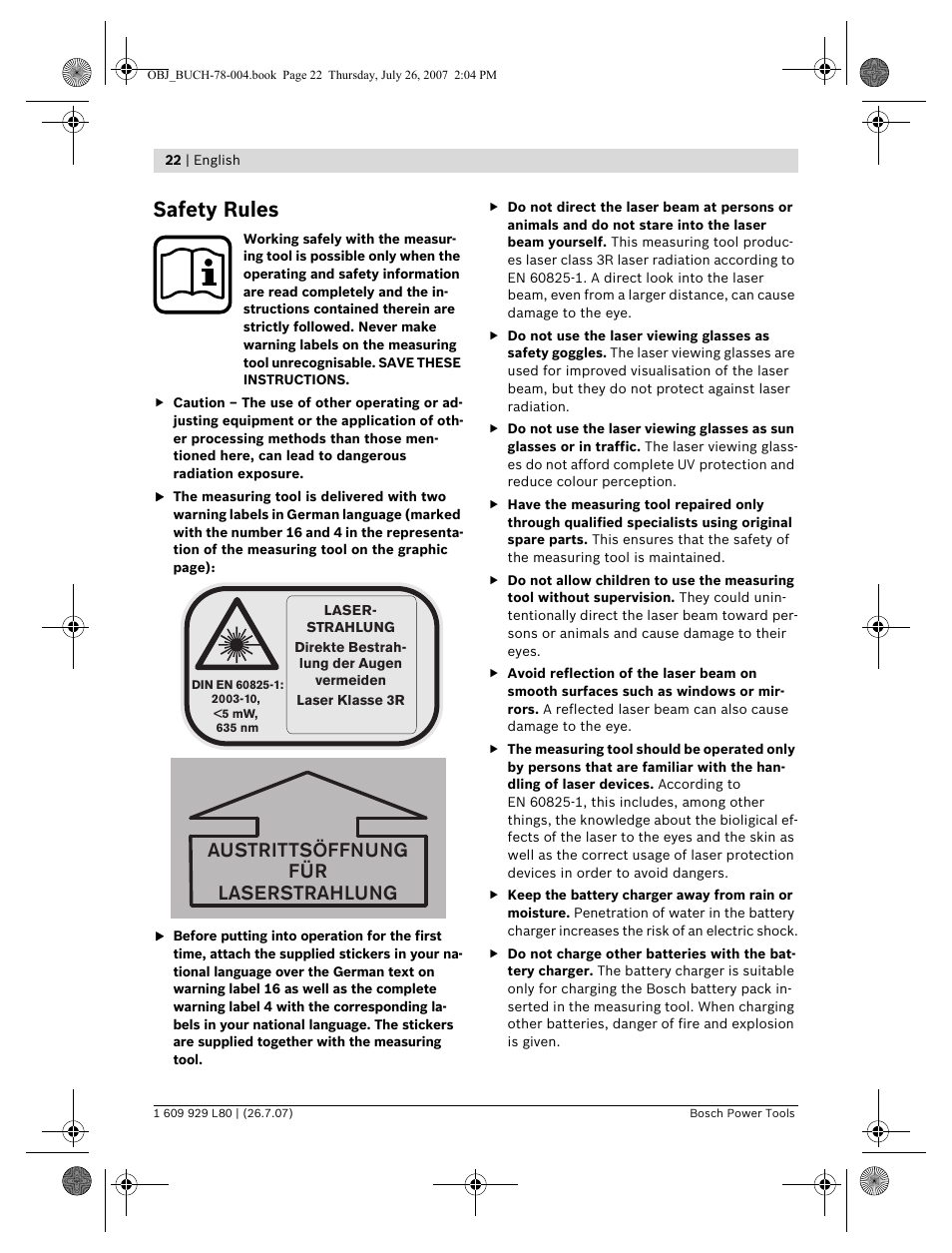 Safety rules, Austrittsöffnung für laserstrahlung | Bosch BL 200 GC Professional User Manual | Page 22 / 419