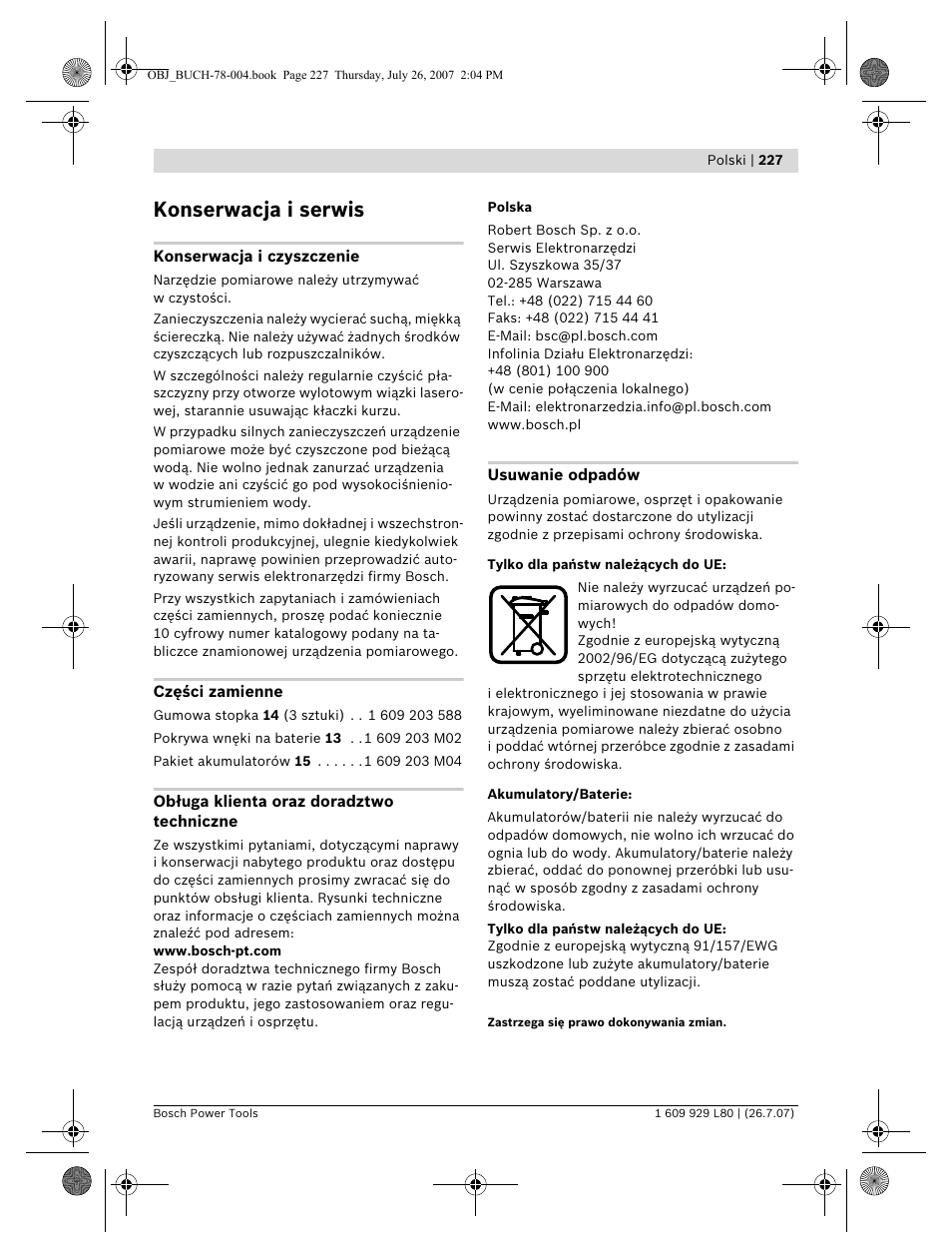 Konserwacja i serwis | Bosch BL 200 GC Professional User Manual | Page 227 / 419