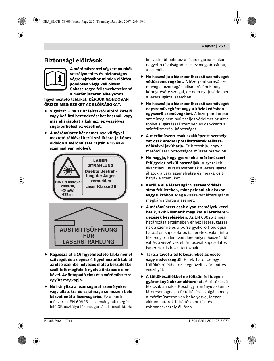 Biztonsági előírások, Austrittsöffnung für laserstrahlung | Bosch BL 200 GC Professional User Manual | Page 257 / 419