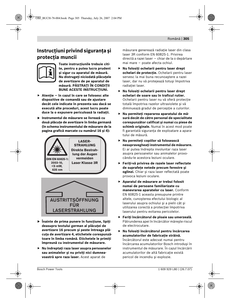 Instrucţiuni privind siguranţa şi protecţia muncii, Austrittsöffnung für laserstrahlung | Bosch BL 200 GC Professional User Manual | Page 305 / 419