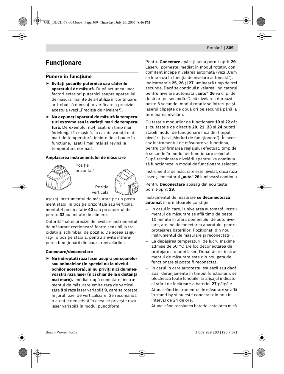 Funcţionare | Bosch BL 200 GC Professional User Manual | Page 309 / 419