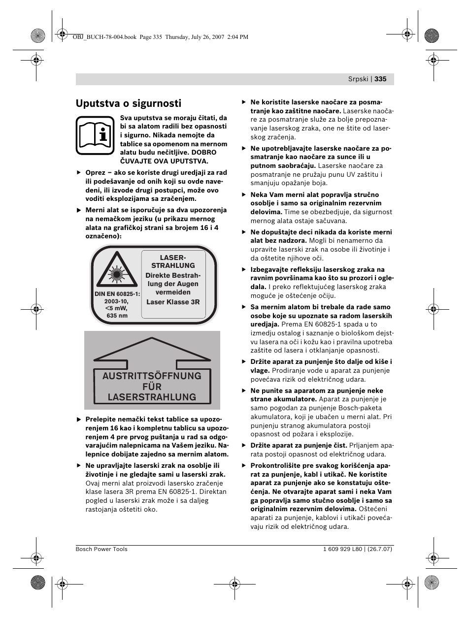 Uputstva o sigurnosti, Austrittsöffnung für laserstrahlung | Bosch BL 200 GC Professional User Manual | Page 335 / 419