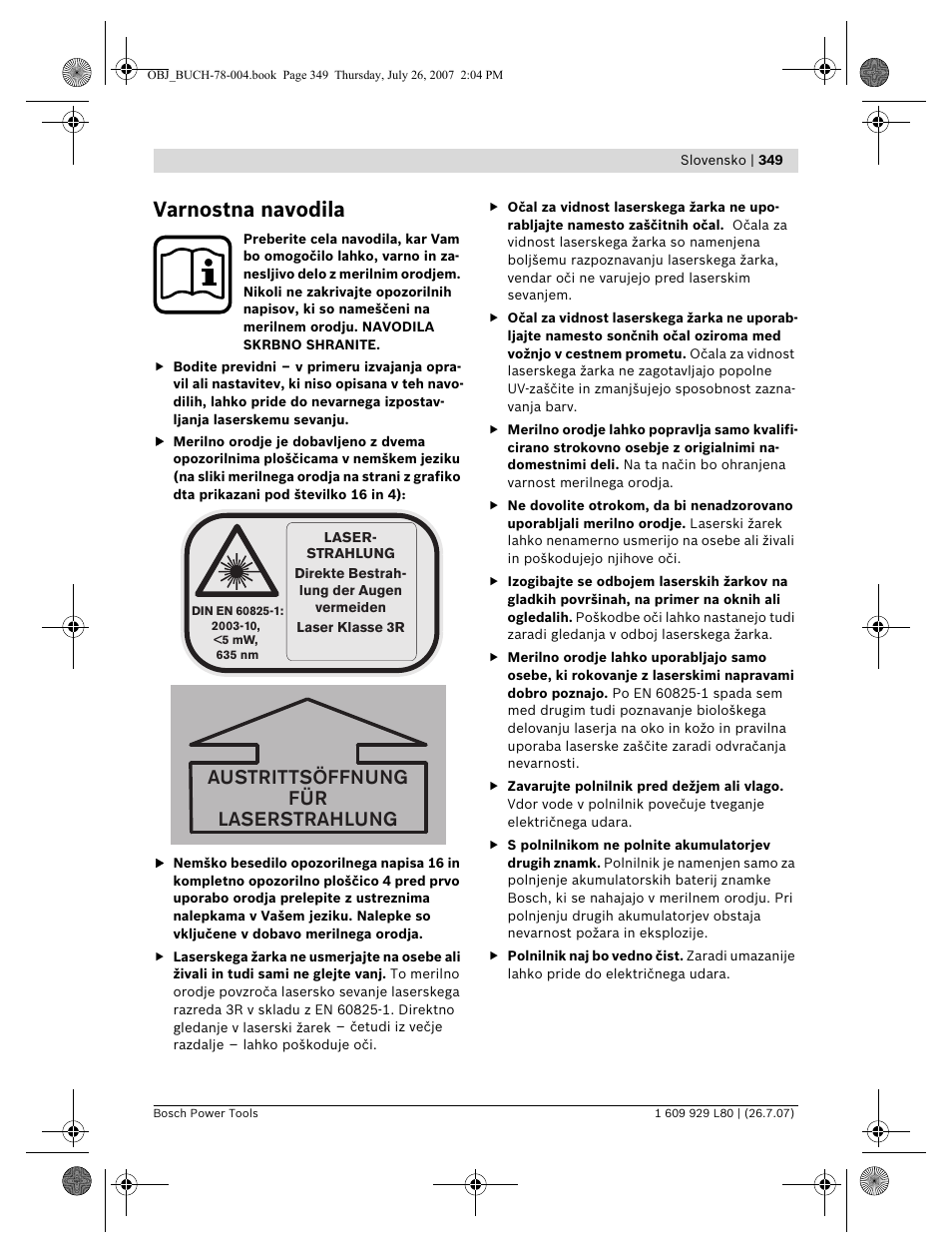 Varnostna navodila, Austrittsöffnung für laserstrahlung | Bosch BL 200 GC Professional User Manual | Page 349 / 419