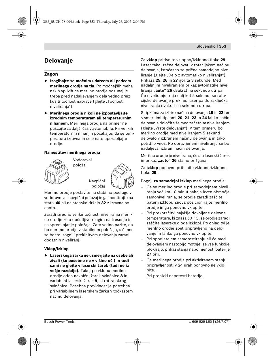 Delovanje | Bosch BL 200 GC Professional User Manual | Page 353 / 419