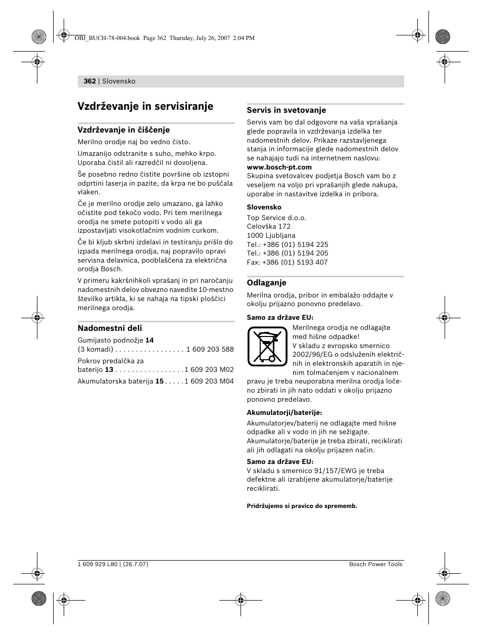 Vzdrževanje in servisiranje | Bosch BL 200 GC Professional User Manual | Page 362 / 419