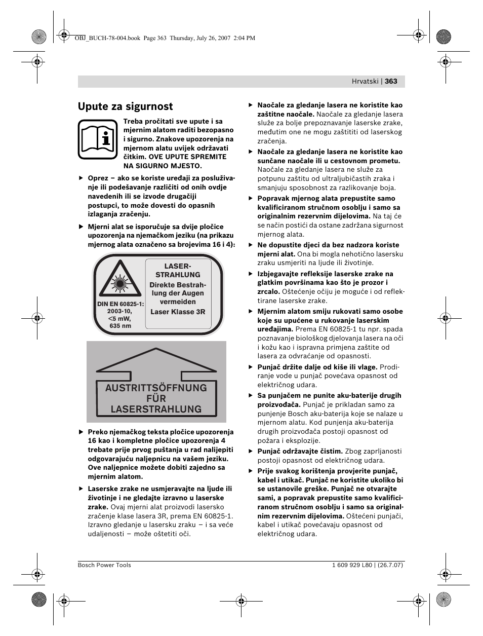 Upute za sigurnost, Austrittsöffnung für laserstrahlung | Bosch BL 200 GC Professional User Manual | Page 363 / 419